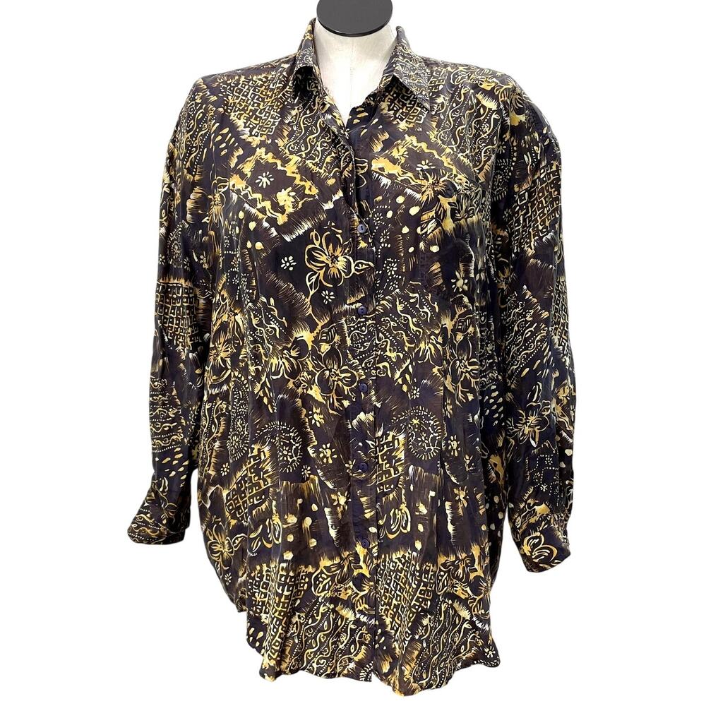 Details Express Plus Size 24 Shirt 100% Silk Button Front Floral Artsy Gray Gold